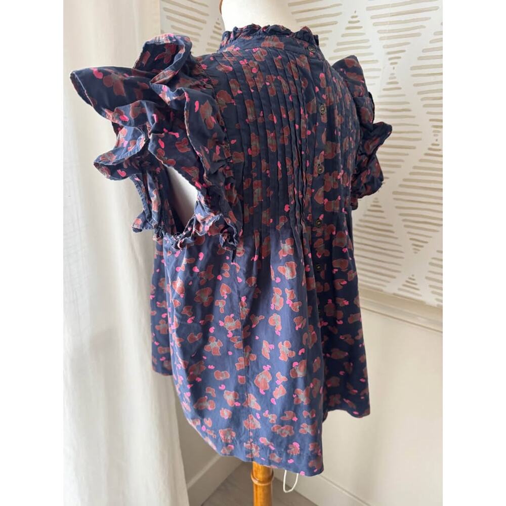 Oliphant Women’s Large Navy Pink Pintuck Ruffle Sleeve Top Blouse - Picture 6 of 9